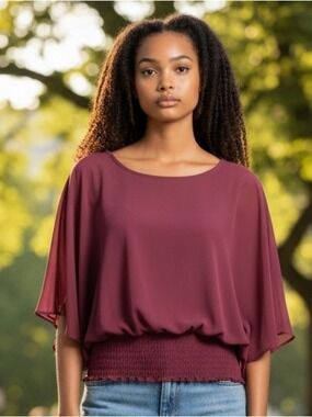 Sam & Jess Burgundy Batwing Sleeve Smocked Hem Blouse Small #BL25